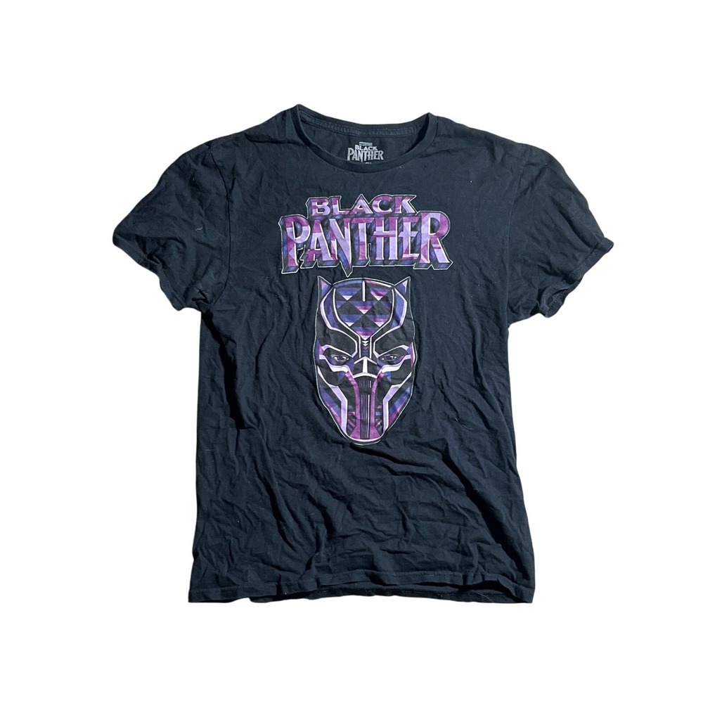 Marvel Black‎ Panther Graphic T-Shirt Mens Medium Black Purple Mask Logo MCU Tee